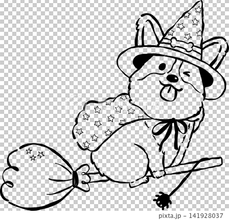 Cute Halloween Corgi Outline Flying on Broomstick Hand Drawn Whimsical Illustration Cute Halloween Corgi Outline Flying on Broomstick Hand Drawn Whimsical Illustration 141928037