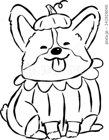 Happy Halloween Autumn Corgi Outline in Pumpkin Costume Hand Drawn Whimsical Illustration Happy Halloween Autumn Corgi Outline in Pumpkin Costume Hand Drawn Whimsical Illustration 141928040