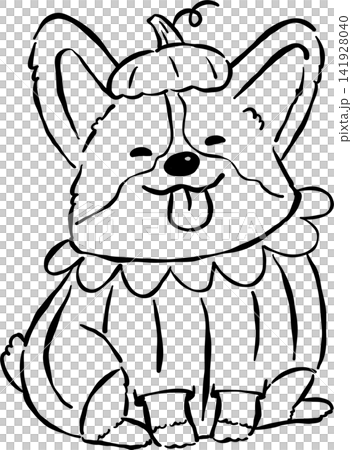 Happy Halloween Autumn Corgi Outline in Pumpkin Costume Hand Drawn Whimsical Illustration Happy Halloween Autumn Corgi Outline in Pumpkin Costume Hand Drawn Whimsical Illustration 141928040