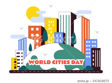 World Cities Day Vector Illustration Featuring Modern Urban Architecture, Sustainable Buildings, Renewable Energy, And Vibrant Cityscape Design 141928075