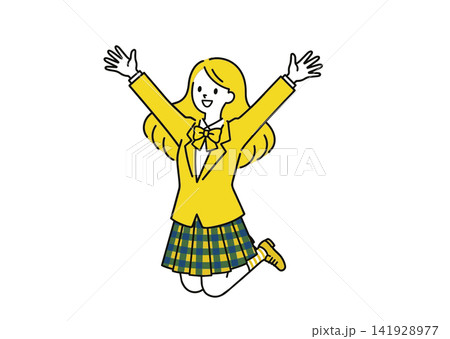 ジャンプして喜ぶ女子高校生の全身イラスト ジャンプして喜ぶ女子高校生の全身イラスト 141928977