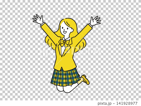 ジャンプして喜ぶ女子高校生の全身イラスト ジャンプして喜ぶ女子高校生の全身イラスト 141928977