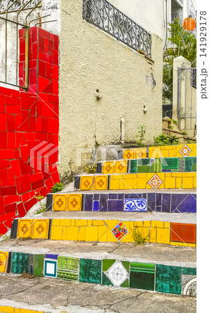 Escadaria Selaron red famous stairs staircase Rio de Janeiro Brazil. 141929178