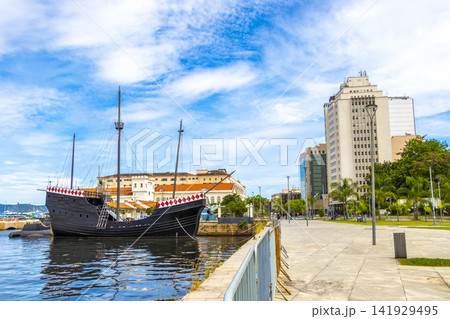 Centro coast beach promenade with ship Rio de Janeiro Brazil. Centro coast beach promenade with ship Rio de Janeiro Brazil. 141929495
