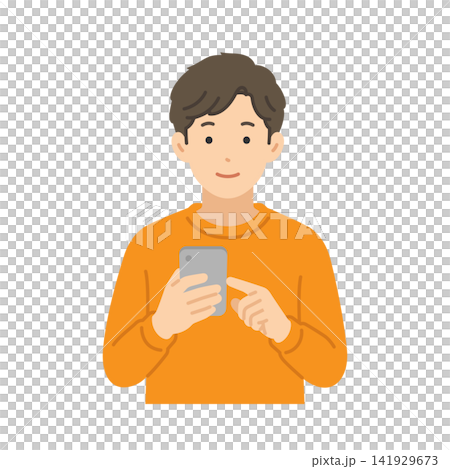 智慧型手機操作,身著休閒裝的男子,扁平化插圖 智慧型手機操作,身著休閒裝的男子,扁平化插圖 141929673