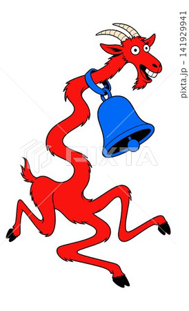 Cartoon Red Goat with Blue Bell 141929941