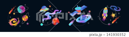 Gradient space with line art elements vector set, abstract grainy cosmic planet, star, spaceship, orbital satellite 141930352