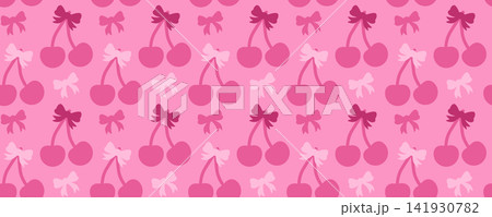 Romantic seamless pattern with cherries, bows and hearts on pink background. Cute retro girly style for textile, wallpaper and print design. Stock vector illustration in cartoon style. 141930782
