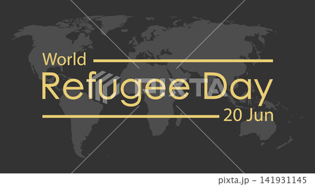 World Refugee Day. An inscription, banner, or splash screen in golden color on the background of a world map. A design element for the design of thematic material World Refugee Day. An inscription, banner, or splash screen in golden color on the background of a world map. A design element for the design of thematic material 141931145