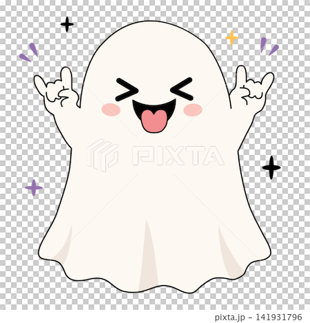 Cute happy Halloween ghost character raising hands rock n roll gesture trick or treat autumn holiday party decor sticker invitation visual graphic clipart artwork design icon Cute happy Halloween ghost character raising hands rock n roll gesture trick or treat autumn holiday party decor sticker invitation visual graphic clipart artwork design icon 141931796