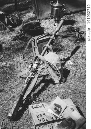 Old soviet russian rifle mosin nagant model 91 38. model 91 cossack receiver with m44 rear sight m 1944 stock and hand guard. rifle with 91 receiver and grenade launcher. Black And White Toned Shot 141932710