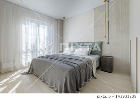 Modern Bedroom Interior Design Overview with Window and Bed 141933239