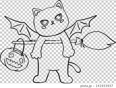 Halloween Black Cat Outline on Witch Broomstick with Pumpkin Bucket 141933937
