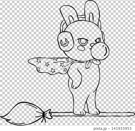 Halloween Bunny Outline Blowing Bubble Gum on Wizard Broomstick 141933953