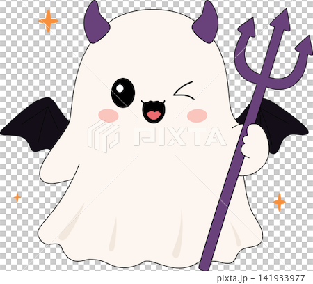 Cute Halloween devil ghost character with horns wings and pitchfork trident trick or treat autumn holiday party decor sticker invitation visual graphic clipart artwork design icon Cute Halloween devil ghost character with horns wings and pitchfork trident trick or treat autumn holiday party decor sticker invitation visual graphic clipart artwork design icon 141933977