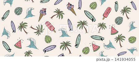 Hello Summer, pattern with surfboard, palm tree and wave, hand drawn illustration. Hello Summer, pattern with surfboard, palm tree and wave, hand drawn illustration. 141934055