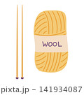 Knitting vector illustration set. Yellow wool yarn skein with label and wooden knitting needles isolated on white background. Needlework, handicraft hobby tools and supplies in minimalist flat style 141934087
