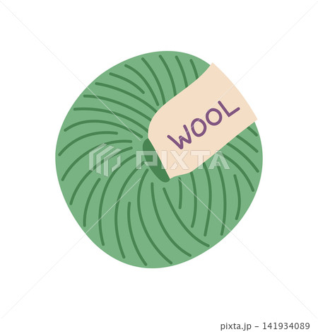 Wool yarn ball vector illustration. Cozy calm green ball of yarn with label isolated on white background. Hobby supply in flat style for knitting, crochet, handicraft, needlework Wool yarn ball vector illustration. Cozy calm green ball of yarn with label isolated on white background. Hobby supply in flat style for knitting, crochet, handicraft, needlework 141934089