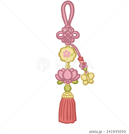 Cute Korean Norigae Ornament with Pink Lotus Flower Butterfly Charm and Traditional Tassel Illustration Cute Korean Norigae Ornament with Pink Lotus Flower Butterfly Charm and Traditional Tassel Illustration 141935050