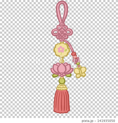 Cute Korean Norigae Ornament with Pink Lotus Flower Butterfly Charm and Traditional Tassel Illustration Cute Korean Norigae Ornament with Pink Lotus Flower Butterfly Charm and Traditional Tassel Illustration 141935050