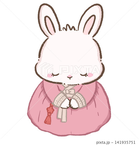 Cute Chibi Bunny in Pink Korean Hanbok Bowing with Hands Together Traditional Korean Greeting Illustration 141935751