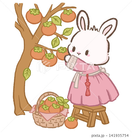 Cute Chibi Bunny in Pink Korean Hanbok Picking Ripe Persimmons from Tree with Harvest Basket Illustration 141935754