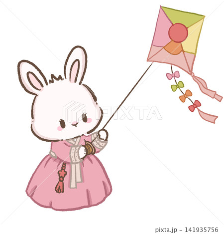 Cute Chibi Bunny in Pink Korean Hanbok Flying Colorful Traditional Korean Kite Illustration 141935756
