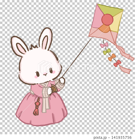 Cute Chibi Bunny in Pink Korean Hanbok Flying Colorful Traditional Korean Kite Illustration 141935756