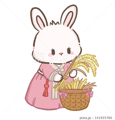 Cute Chibi Bunny in Pink Korean Hanbok Holding Rice Sheaves with Chuseok Harvest Basket Illustration 141935760