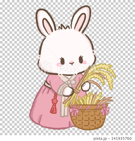 Cute Chibi Bunny in Pink Korean Hanbok Holding Rice Sheaves with Chuseok Harvest Basket Illustration 141935760