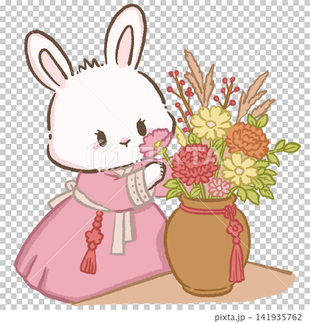 Cute Chibi Bunny in Pink Korean Hanbok Arranging Colorful Chuseok Harvest Flowers in Vase Illustration Cute Chibi Bunny in Pink Korean Hanbok Arranging Colorful Chuseok Harvest Flowers in Vase Illustration 141935762