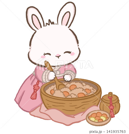 Cute Chibi Bunny in Pink Korean Hanbok Making Traditional Korean Songpyeon Rice Cakes Chuseok Illustration 141935763