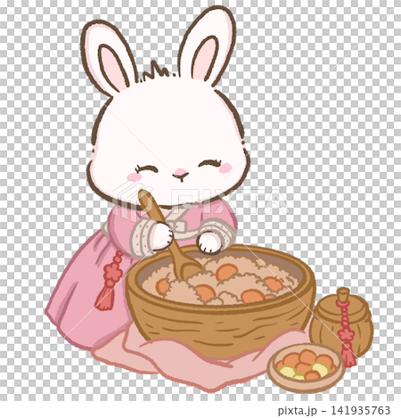 Cute Chibi Bunny in Pink Korean Hanbok Making Traditional Korean Songpyeon Rice Cakes Chuseok Illustration 141935763