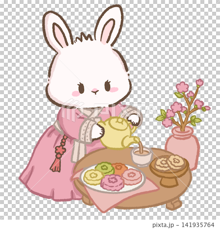 Cute Chibi Bunny in Pink Korean Hanbok Pouring Tea with Traditional Korean Sweets and Blossom Vase Illustration Cute Chibi Bunny in Pink Korean Hanbok Pouring Tea with Traditional Korean Sweets and Blossom Vase Illustration 141935764