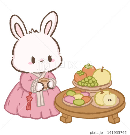 Cute Chibi Bunny in Pink Korean Hanbok with Chuseok Fruit Table Songpyeon Pear Persimmon and Grapes Illustration 141935765