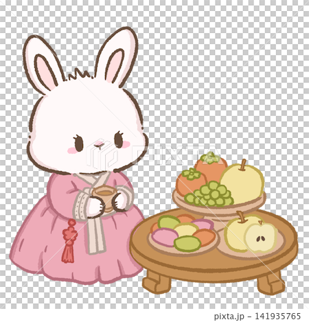Cute Chibi Bunny in Pink Korean Hanbok with Chuseok Fruit Table Songpyeon Pear Persimmon and Grapes Illustration 141935765