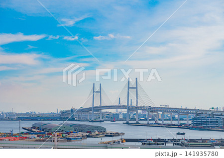 夏の快晴の港の見える丘公園から望む横浜港とベイブリッジの絶景 141935780