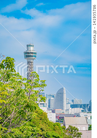 夏の快晴の港の見える丘公園から望む横浜港とベイブリッジの絶景 夏の快晴の港の見える丘公園から望む横浜港とベイブリッジの絶景 141935786