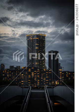 夏の夜の豊洲ウォーターフロントから望む煌びやかな高層タワーマンションと都市夜景 夏の夜の豊洲ウォーターフロントから望む煌びやかな高層タワーマンションと都市夜景 141936077