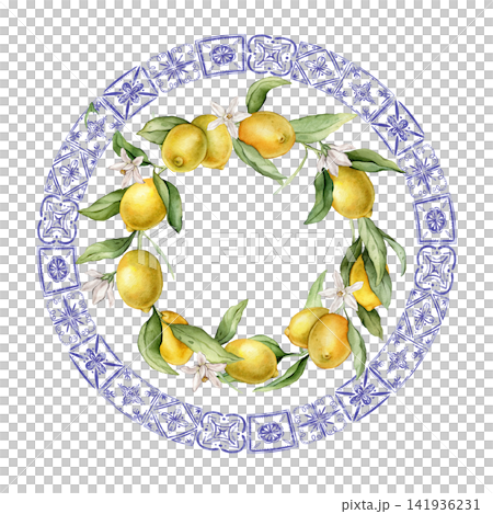 Watercolor illustration of branch lemons and lush green leaves and white flowers, perfectly framed by a circular border of decorative blue tiles for plate or packaging, kitchen decor, greeting cards Watercolor illustration of branch lemons and lush green leaves and white flowers, perfectly framed by a circular border of decorative blue tiles for plate or packaging, kitchen decor, greeting cards 141936231