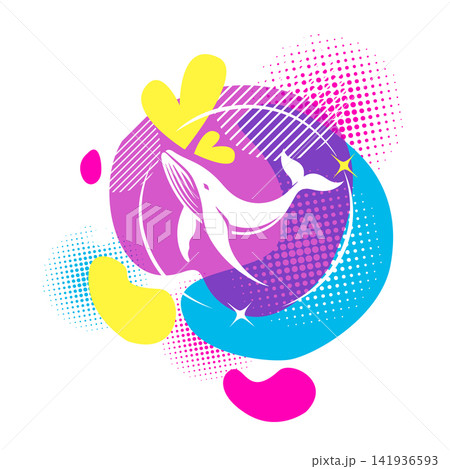 Abstract, vibrant whale logo. Hand-drawn. Not AI, vector illustration. Abstract, vibrant whale logo. Hand-drawn. Not AI, vector illustration. 141936593