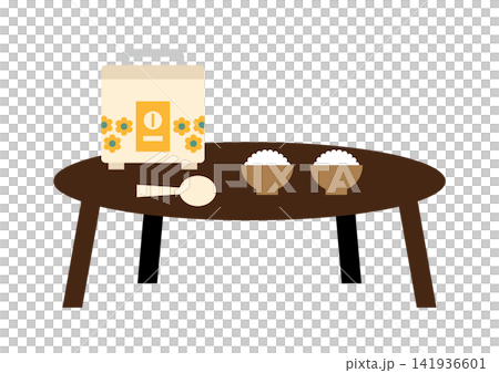 An illustration of a Showa-era retro rice cooker, low table, and rice. An illustration of a Showa-era retro rice cooker, low table, and rice. 141936601