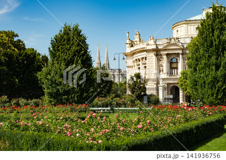 Beautiful Rose Garden with Historic Architecture in Vienna Volksgarten Park Beautiful Rose Garden with Historic Architecture in Vienna Volksgarten Park 141936756