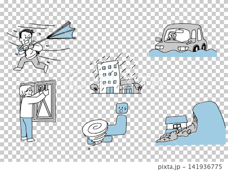 A set of illustrations for typhoon preparedness and warnings about damage (strong winds, window reinforcement, landslides). A set of illustrations for typhoon preparedness and warnings about damage (strong winds, window reinforcement, landslides). 141936775