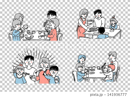 一組描繪一家人用餐的插圖(餐桌、家庭時光、食物教育、上菜) 一組描繪一家人用餐的插圖(餐桌、家庭時光、食物教育、上菜) 141936777