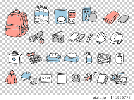 Illustration set of disaster preparedness supplies and emergency survival kits (stockpiling supplies, emergency food, first-aid kit) 141936778