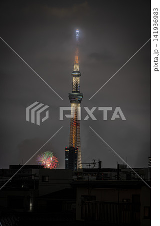 東京スカイツリーと隅田川花火大会の美しい大輪の花火が彩る夏の夜景 141936983