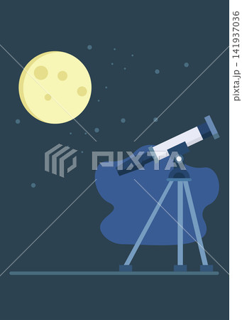 Flat Style Telescope Observing Full Moon Under Starry Night Sky Science Illustration 141937036