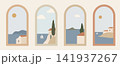 Mediterranean Arch Window Views. Minimalist Coastal Seascapes with Houses and Sailboats Flat Vector Set 141937267