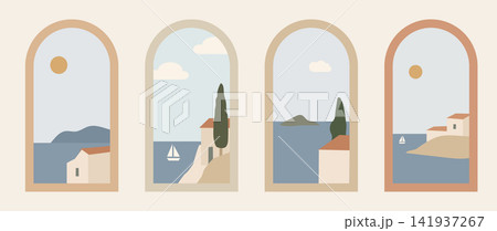 Mediterranean Arch Window Views. Minimalist Coastal Seascapes with Houses and Sailboats Flat Vector Set 141937267